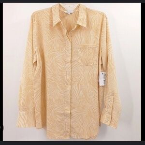 Nine West Long Sleeved Silky Printed Cream White Button Up Top Blouse XL